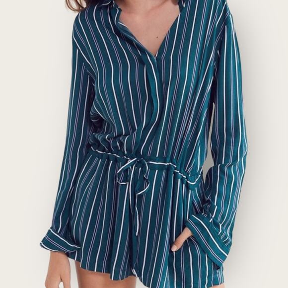 Urban Outfitters Silence + Noise Benji Striped Button-Down Romper Medium Green - Picture 2 of 10